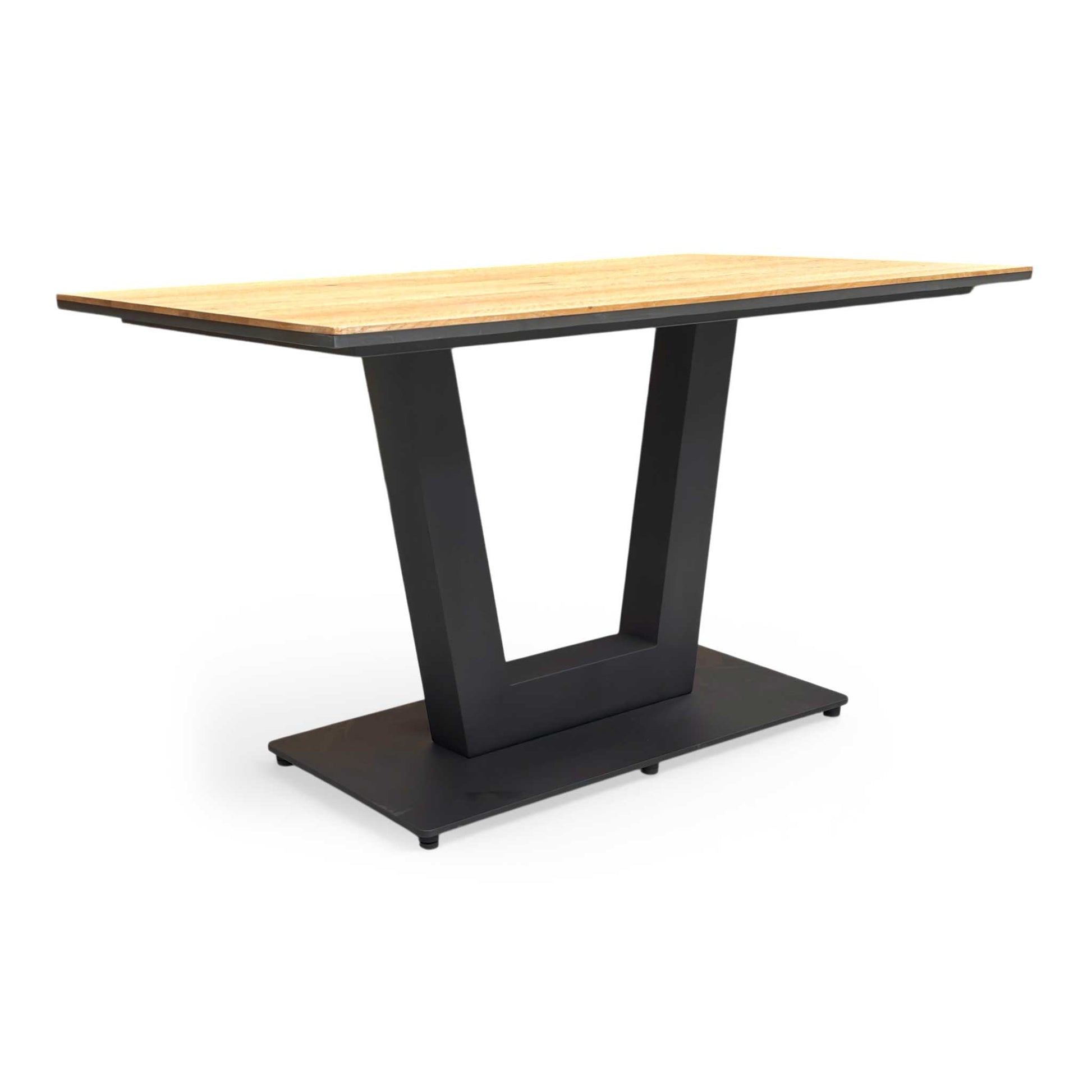 Full view of the Venus 135cm Fixed Dining Table in Earth Finish Solid Oak, featuring a thick rectangular tabletop and sturdy square-cut legs.