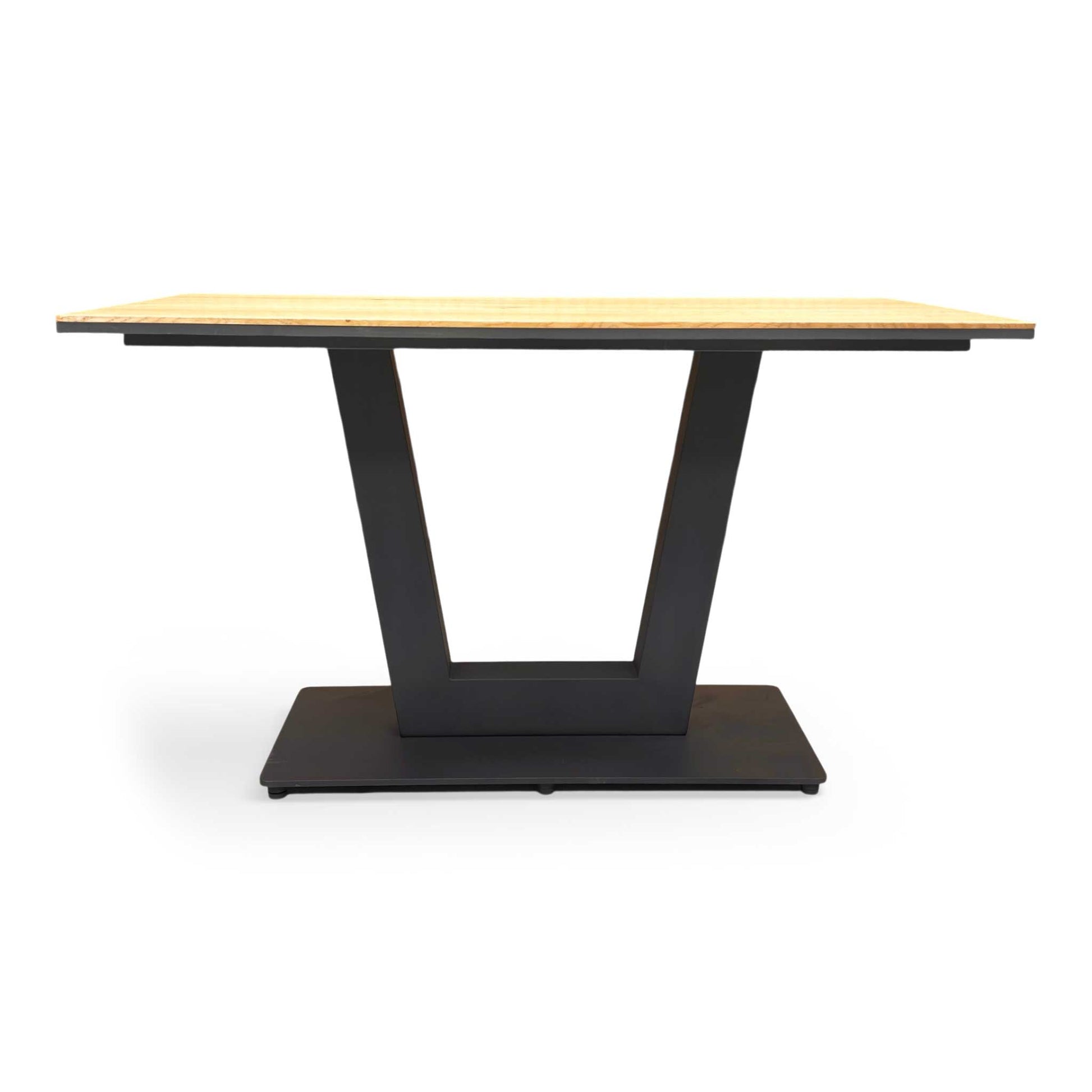 High-angle view of the tabletop, emphasizing the authentic knots and unique grain patterns of the solid oak wood.