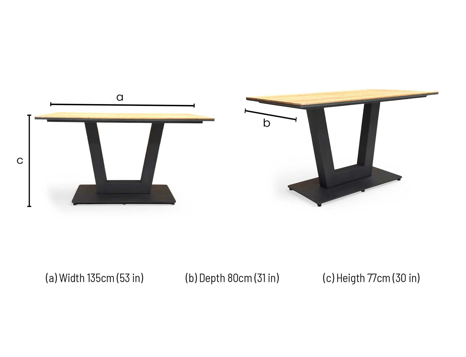 Technical dimension diagram for the Venus Earth Finish Solid Oak 135cm Fixed Dining Table: Length 135cm, Width 80cm, Height 75cm.