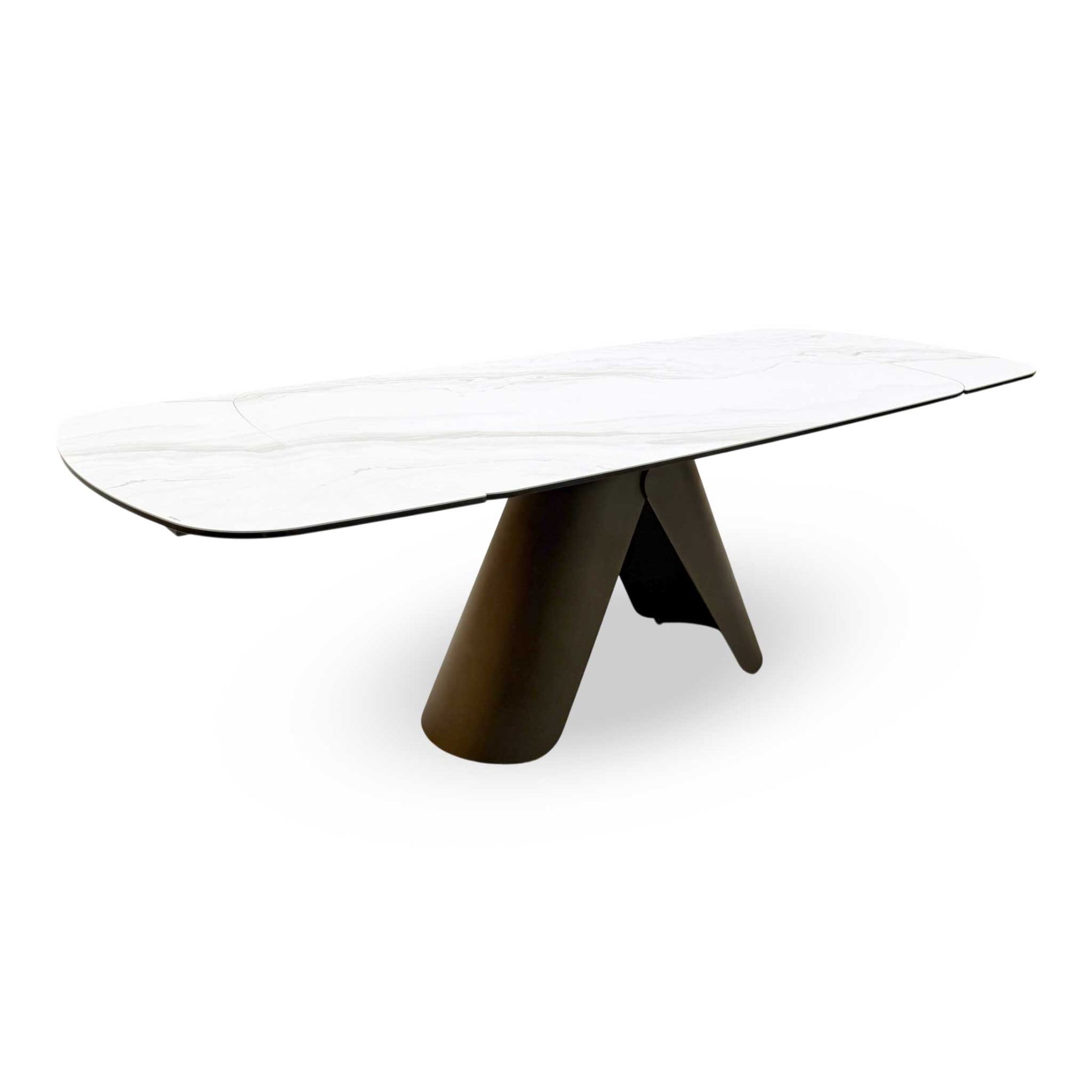 Full view of the Perla dining table featuring a high-gloss grey ceramic top and a modern black pedestal base.