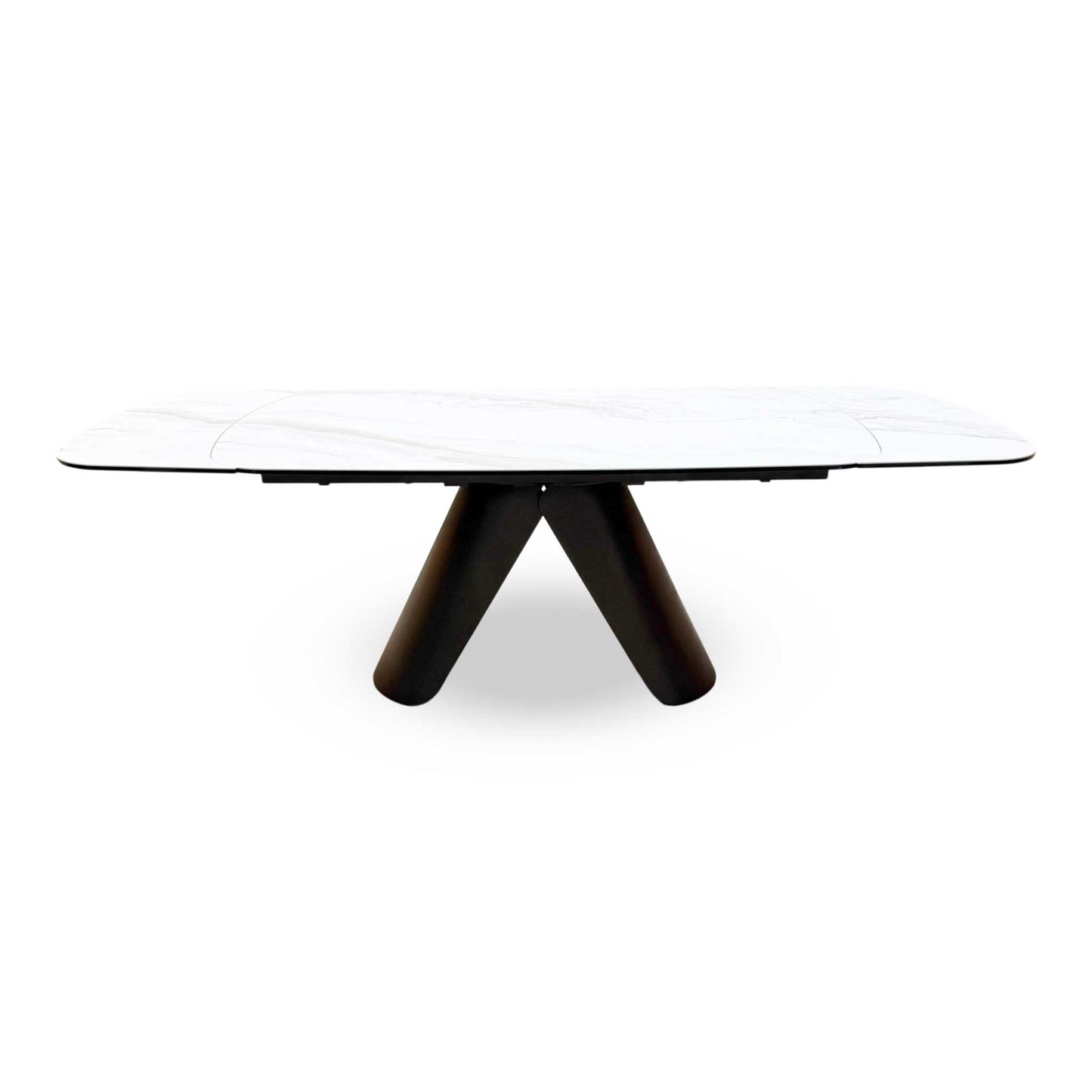 Front view of the Perla dining table featuring a high-gloss grey ceramic top and a modern black pedestal base.