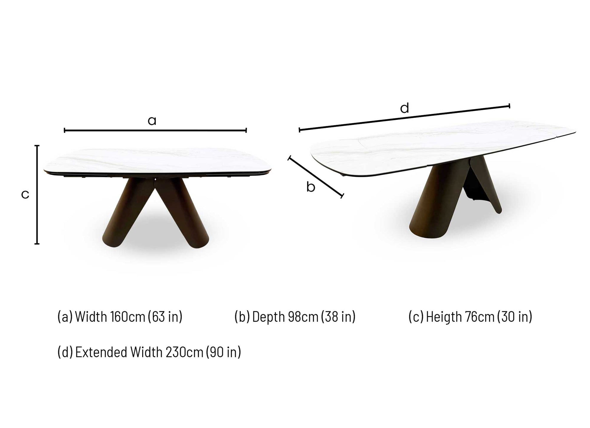 Dimensions diagram for the Perla swivel extending table.