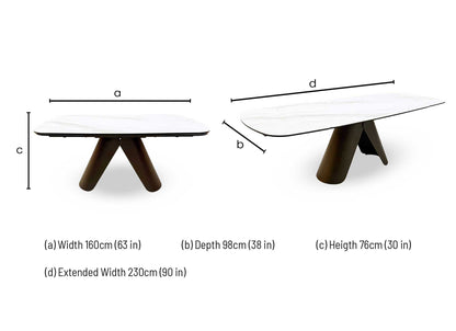 Dimensions diagram for the Perla swivel extending table.