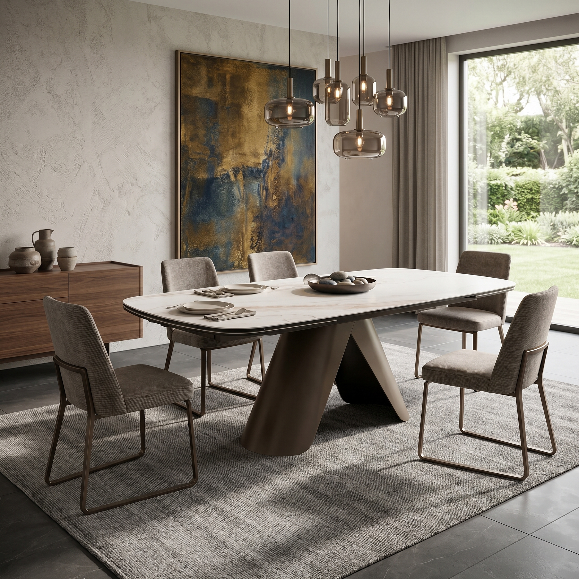 Dining room of the Perla table in its extended position, showcasing the dual swivel leaves that expand the tabletop surface.