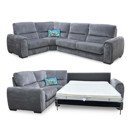 ‘Flex’ Fab-Can-R456 Anthracite Fabric Left Hand Facing Small Corner Sofa Bed with Power Recliner and Storage Arms