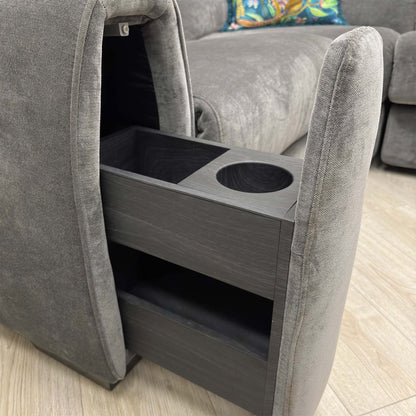 ‘Flex’ Fab-Can-R456 Anthracite Fabric Left Hand Facing Small Corner Sofa Bed with Power Recliner and Storage Arms