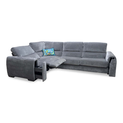 ‘Flex’ Fab-Can-R456 Anthracite Fabric Left Hand Facing Small Corner Sofa Bed with Power Recliner and Storage Arms