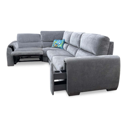 ‘Flex’ Fab-Can-R456 Anthracite Fabric Left Hand Facing Small Corner Sofa Bed with Power Recliner and Storage Arms