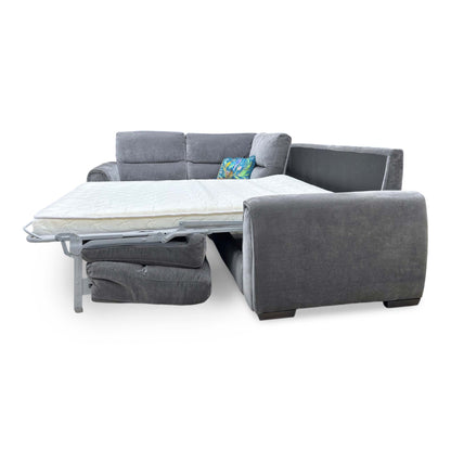 ‘Flex’ Fab-Can-R456 Anthracite Fabric Left Hand Facing Small Corner Sofa Bed with Power Recliner and Storage Arms
