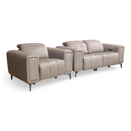 The 2-seater sofa in a reclined position, showcasing the independent back and footrest adjustment for personalized comfort.