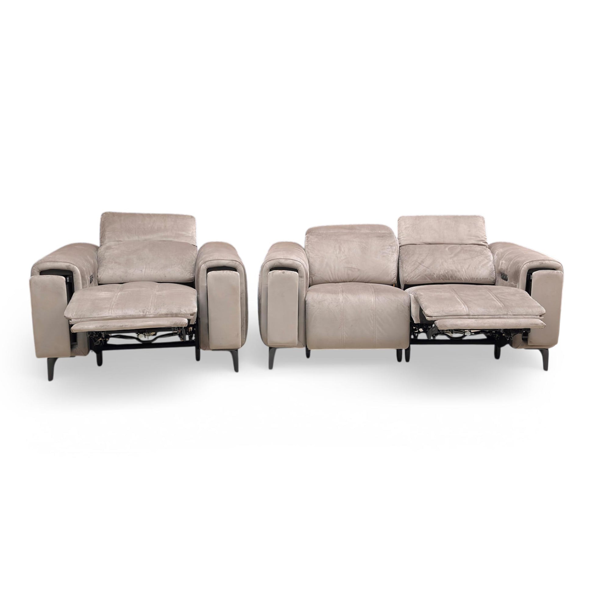 View of the matching power chair, showing the manual adjustable headrest and spacious seating area upholstered in Cedar Velvet.