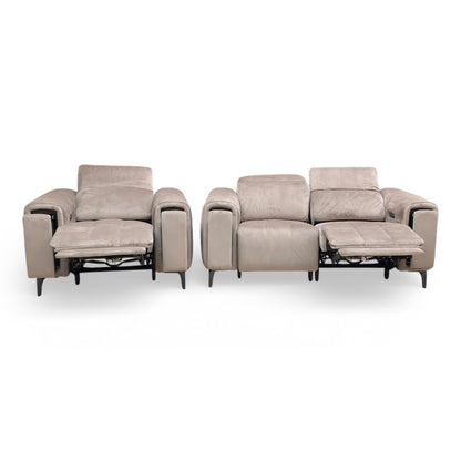 View of the matching power chair, showing the manual adjustable headrest and spacious seating area upholstered in Cedar Velvet.