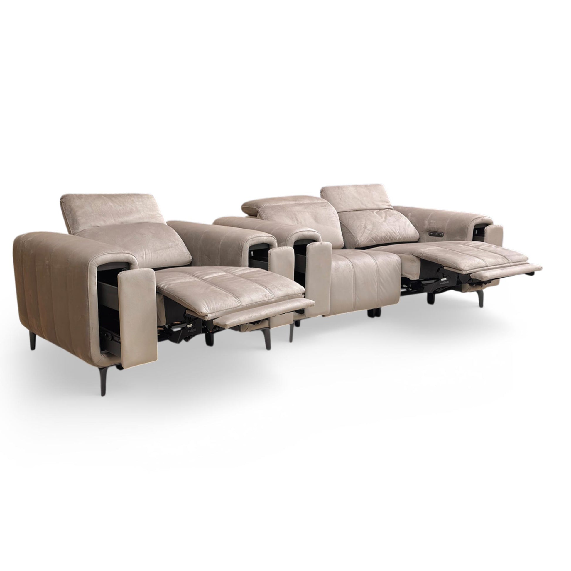 The Furniture Village ‘Elphaba’ Opulence Cedar Velvet power recliner set, featuring a 2-seater sofa and matching power chair with integrated storage arms.