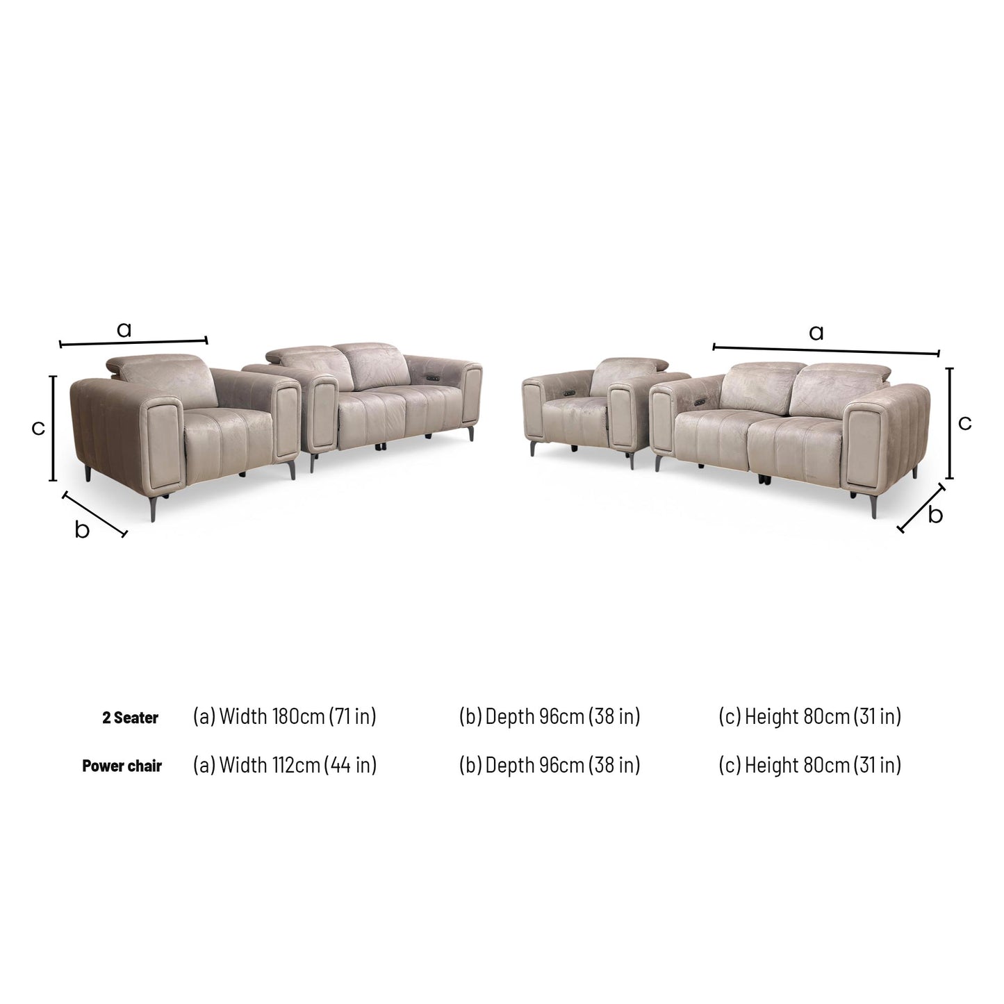 Dimensions for the ‘Elphaba’ Opulence Cedar Velvet Power Recliner Set. 2-Seater Sofa: