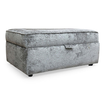Full view The ‘Sasha’ large storage footstool in Alexandra Grey chenille fabric, featuring a deep-padded top and a sleek, rectangular contemporary design.