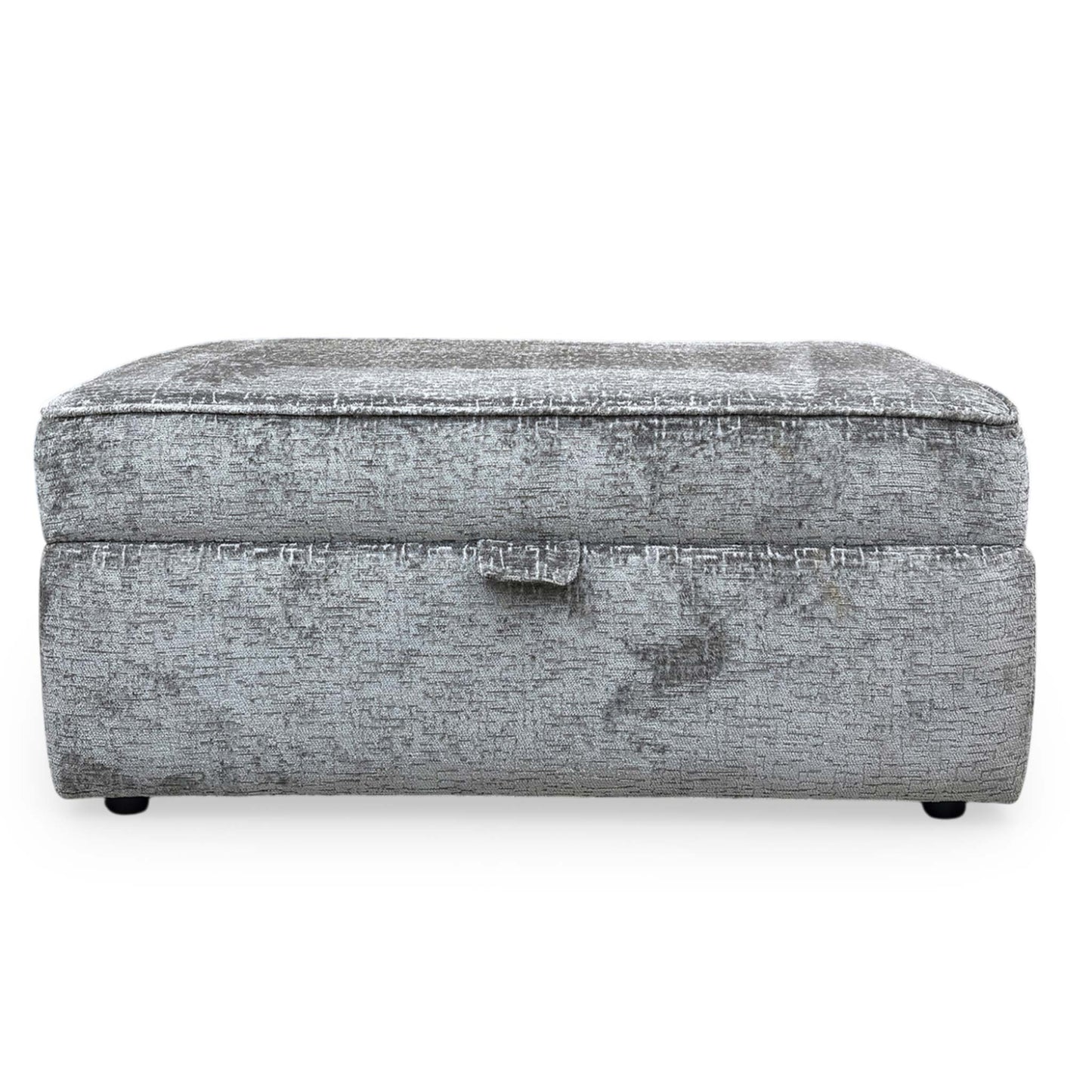 Front view The ‘Sasha’ large storage footstool in Alexandra Grey chenille fabric, featuring a deep-padded top and a sleek, rectangular contemporary design.