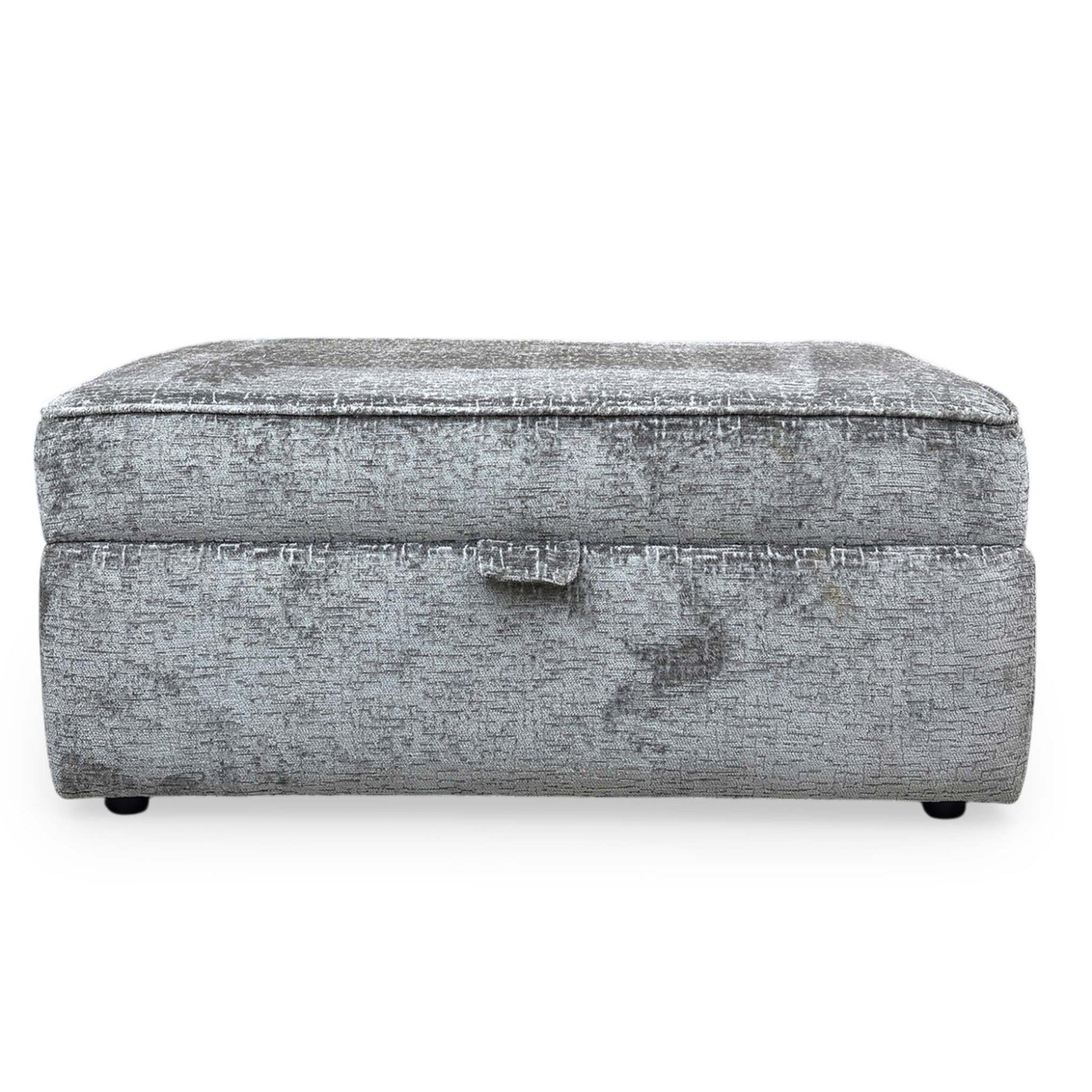 Front view The ‘Sasha’ large storage footstool in Alexandra Grey chenille fabric, featuring a deep-padded top and a sleek, rectangular contemporary design.