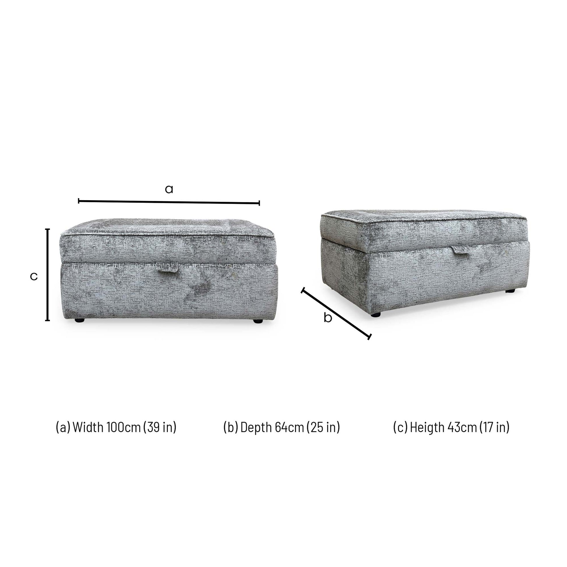 Dimensions for the ‘Sasha’ Alexandra Grey Chenille Fabric Large Storage Footstool.