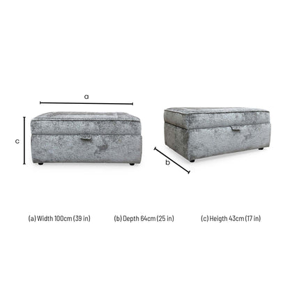 Dimensions for the ‘Sasha’ Alexandra Grey Chenille Fabric Large Storage Footstool.