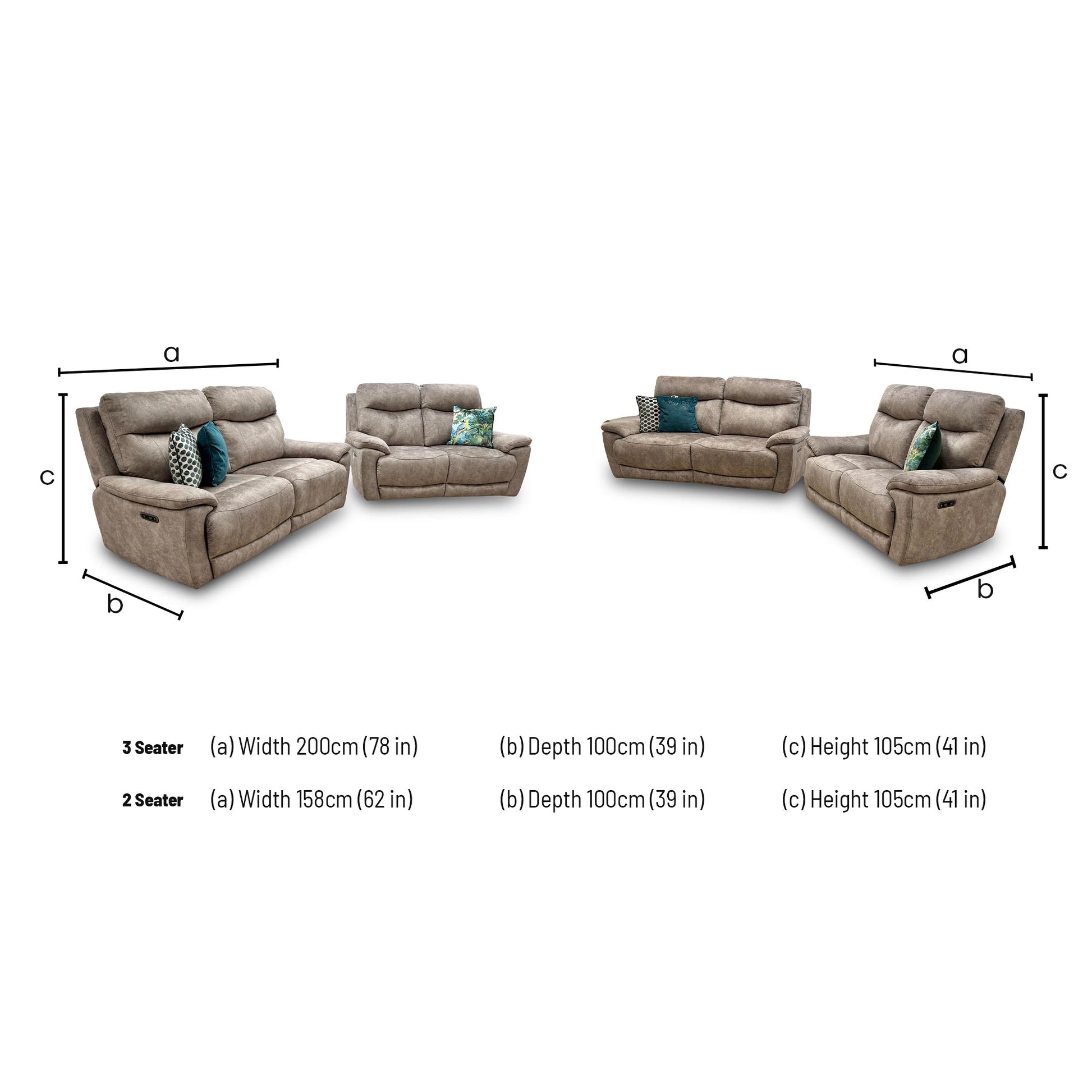 Dimensions for the ‘Sloane’ Marble Charcoal Grey Velvet 3 + 2 Seater Power Recliner Sofa Set.