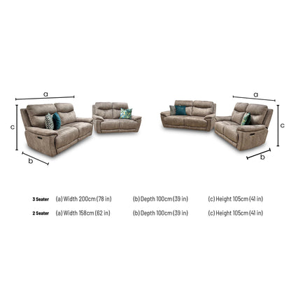Dimensions for the ‘Sloane’ Marble Charcoal Grey Velvet 3 + 2 Seater Power Recliner Sofa Set.