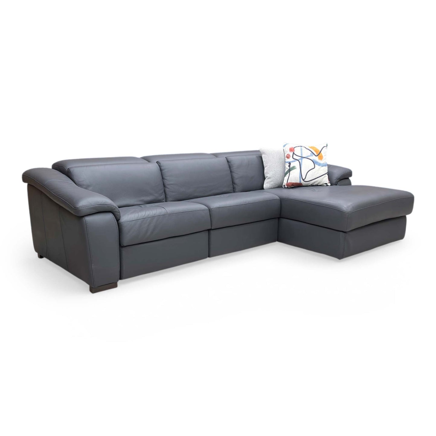 Side profile of the Galileo leather sofa, emphasizing the clean, modern lines, elegant armrest design, and the fully extended power recliner position.