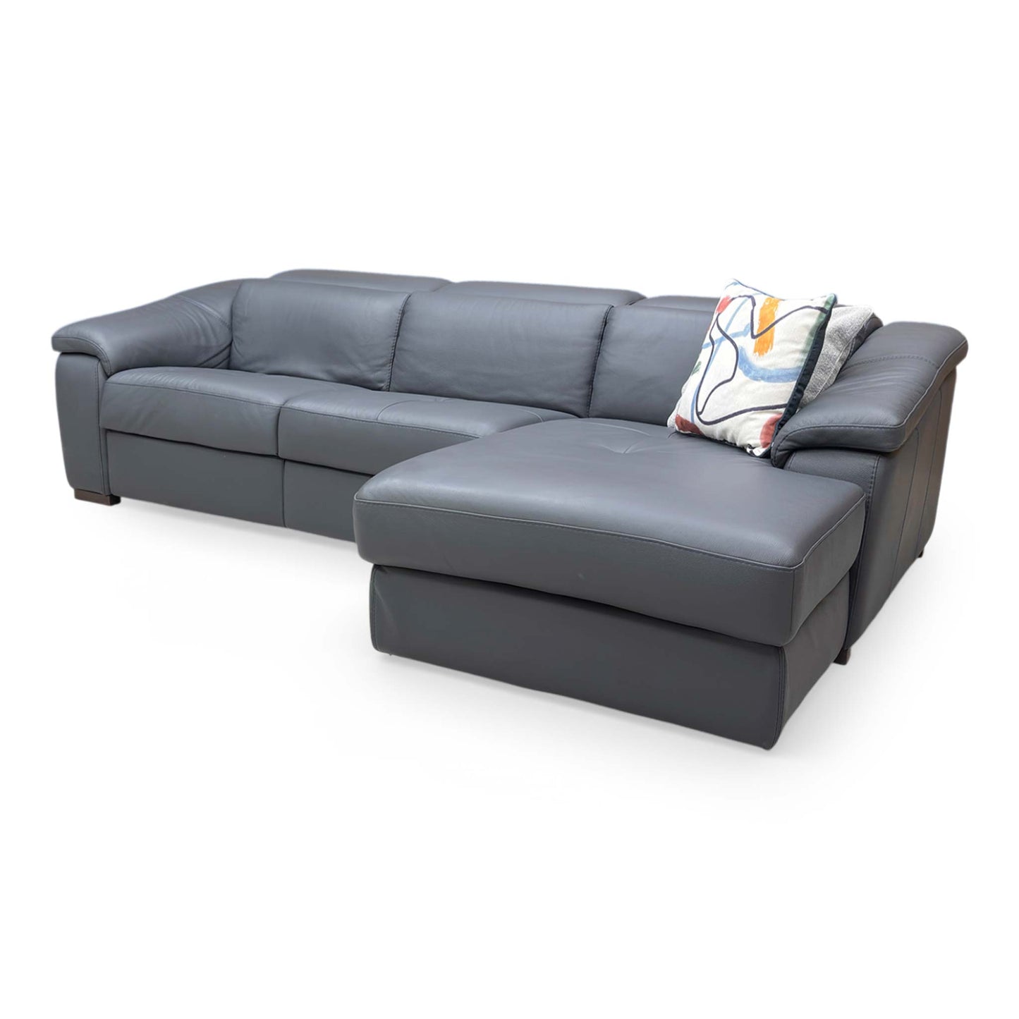 Side shot of the Galileo leather sofa, emphasizing the clean, modern lines, elegant armrest design, and the fully extended power recliner position.