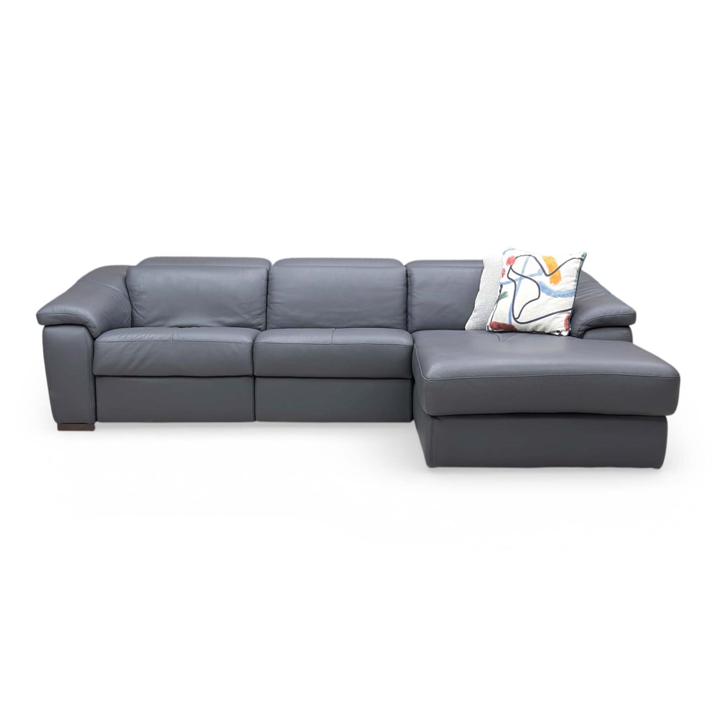 Front View The Nicoletti ‘Galileo’ right-hand facing power recliner chaise sofa in Torello Blu 81 premium leather, featuring a sleek Italian design and adjustable power headrests.