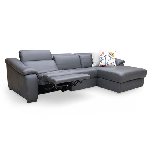 Full View The Nicoletti ‘Galileo’ right-hand facing power recliner chaise sofa in Torello Blu 81 premium leather, featuring a sleek Italian design and adjustable power headrests.