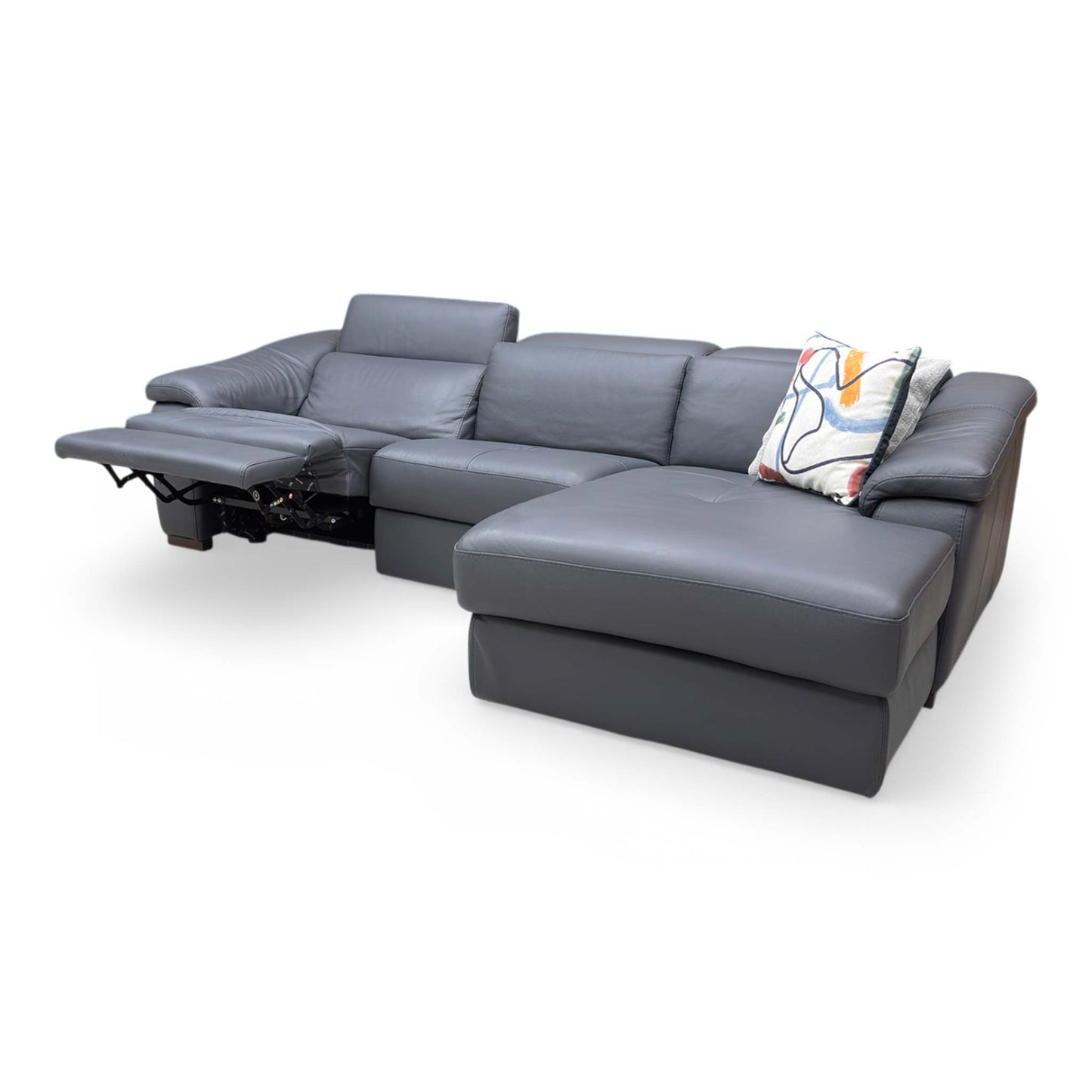 Full View The Nicoletti ‘Galileo’ right-hand facing power recliner chaise sofa in Torello Blu 81 premium leather, featuring a sleek Italian design and adjustable power headrests.