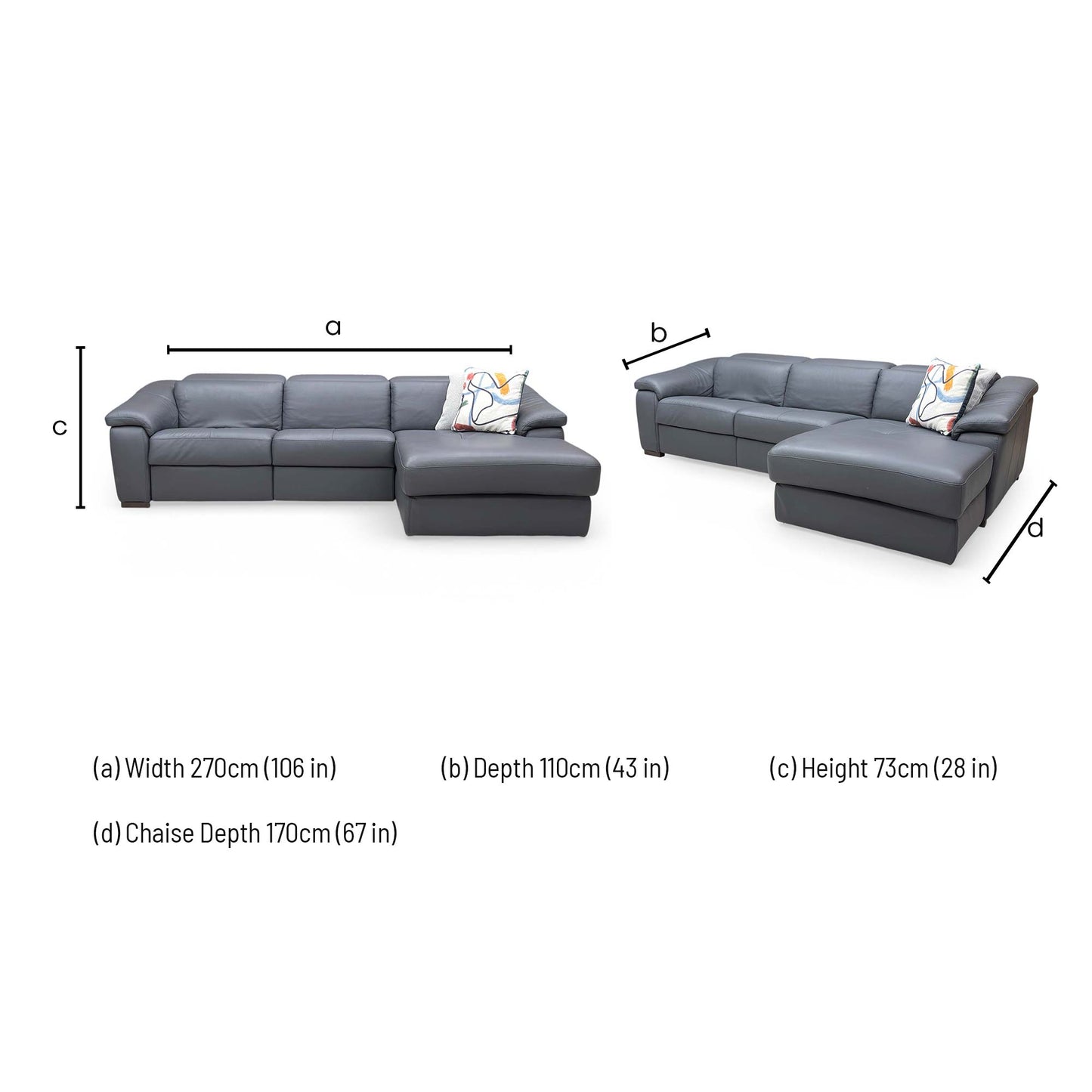Dimensions for the Nicoletti Galileo Torello Blu 81 Leather Right Hand Facing Power Recliner Chaise Sofa.