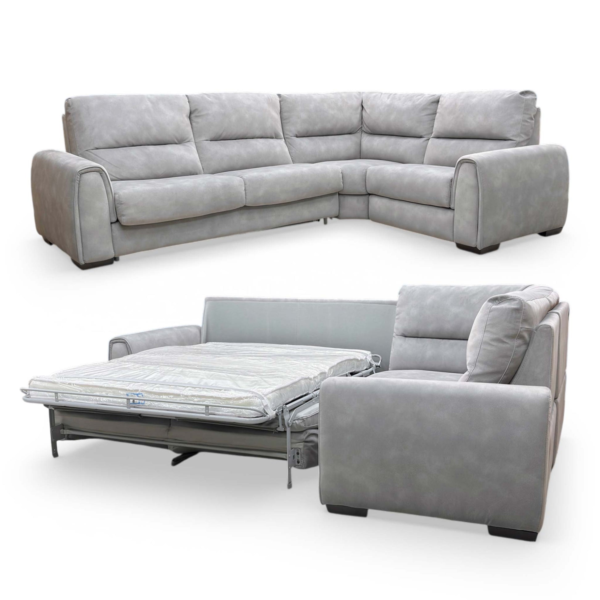Full view of the ‘Flex’ Sfa-Pey-R09 small right-hand facing corner sofa bed in Dove Grey fabric.