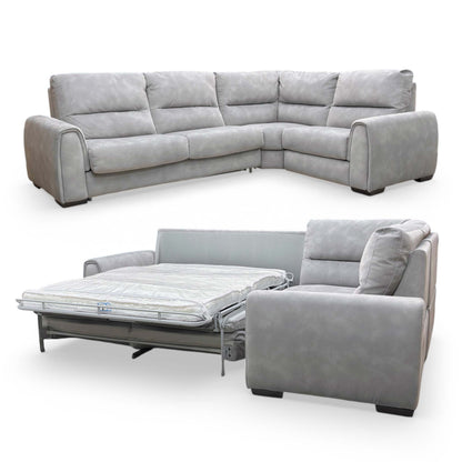 Full view of the ‘Flex’ Sfa-Pey-R09 small right-hand facing corner sofa bed in Dove Grey fabric.