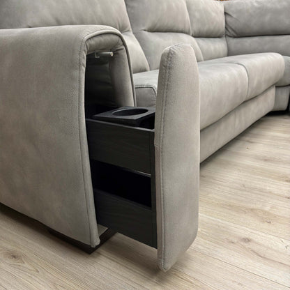 Close-up of the seating area and storage armrest of the ‘Flex’ Dove Grey fabric sofa, highlighting the plush cushioning and textured upholstery.