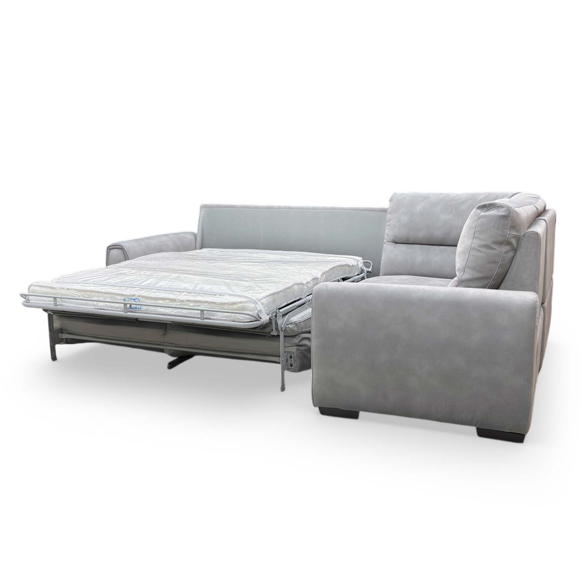 The ‘Flex’ sofa in sofa-bed mode, showing the pull-out mattress section fully extended.