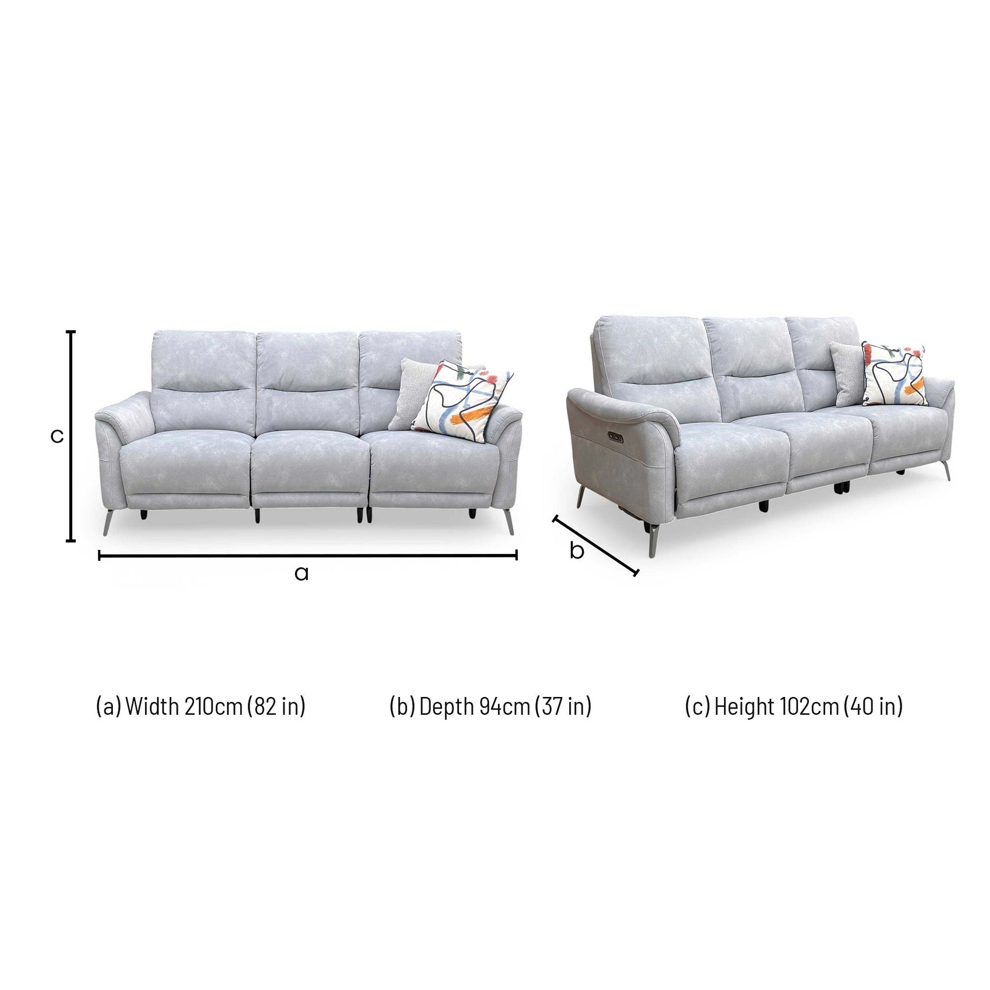 Dimensions for the Daytona ‘Dexter’ Smoke Velvet 3 Seater Power Recliner Sofa.