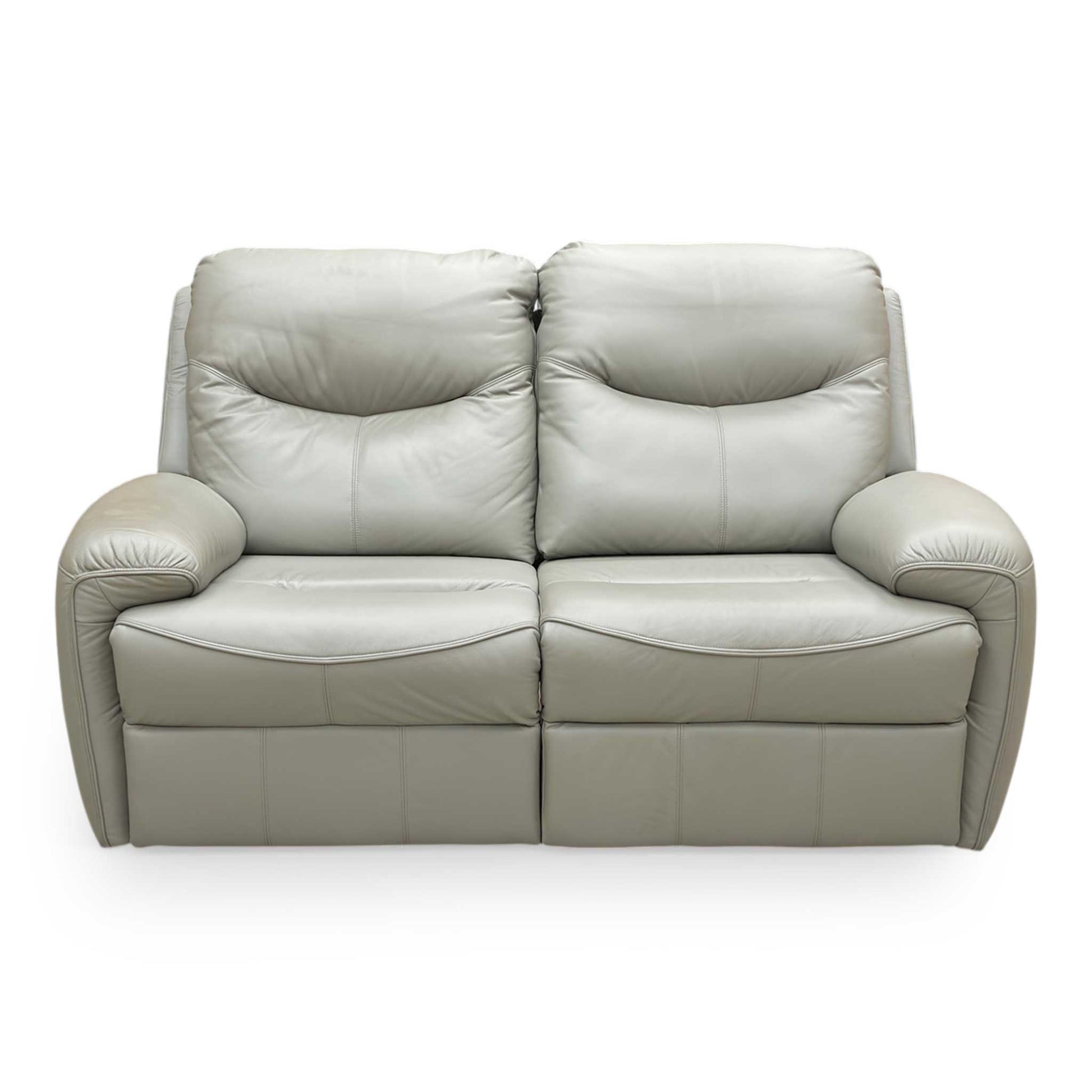 Front angle view emphasizing the plush tiered back cushions and deep-filled seat comfort of the 2-seater.