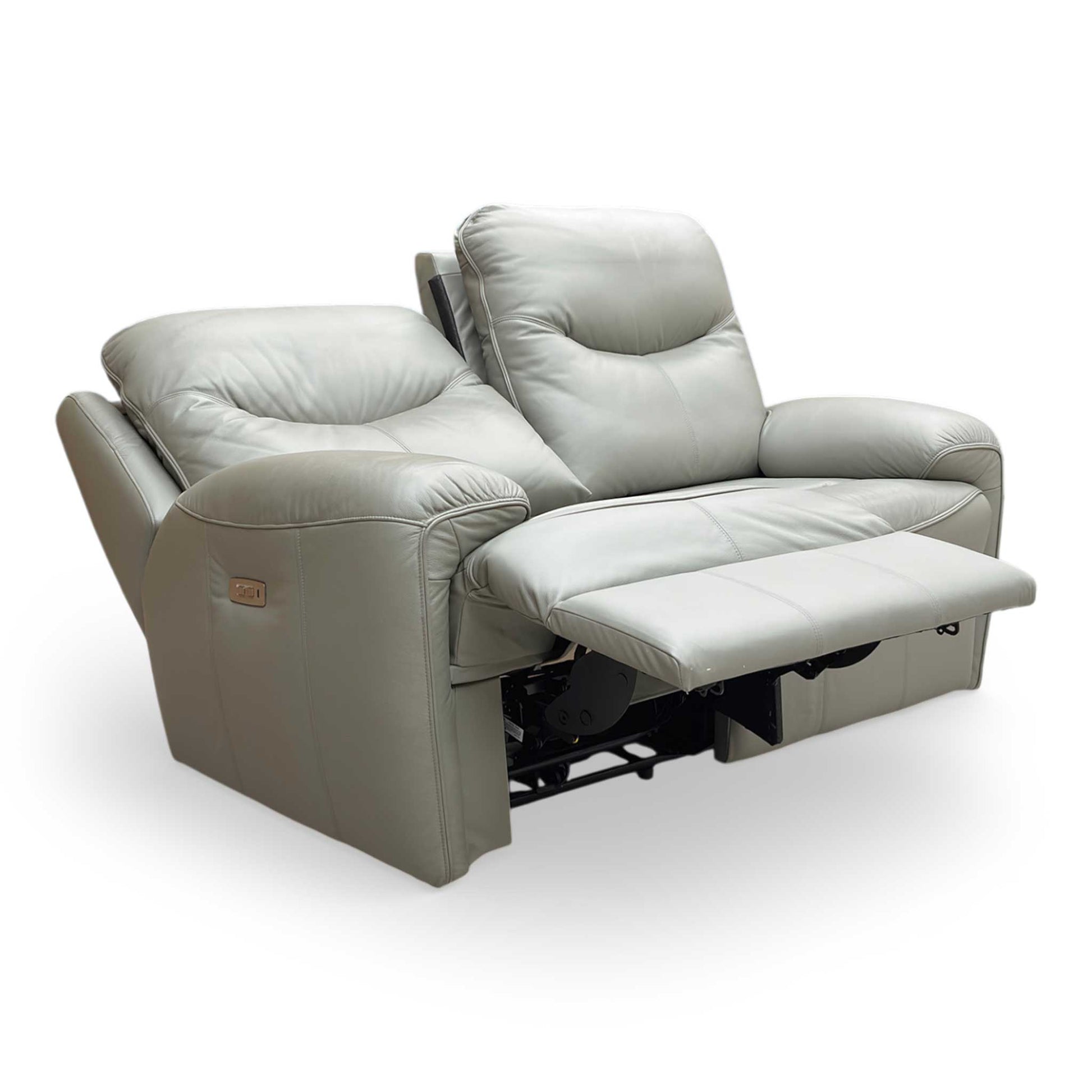 Side view of the G Plan Amesbury sofa with the power recliner fully extended, showing the footrest and depth.