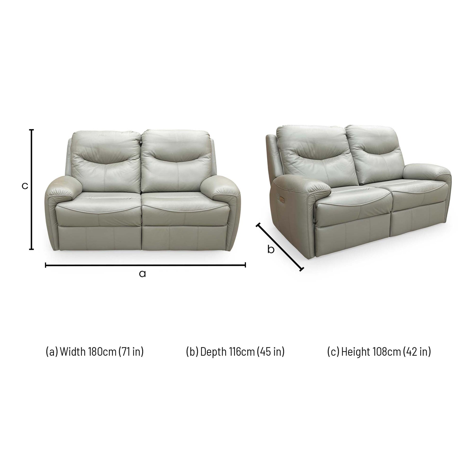 Dimensions for the G Plan ‘Amesbury’ L858 Cambridge Olive Leather 2 Seater Power Recliner Sofa.