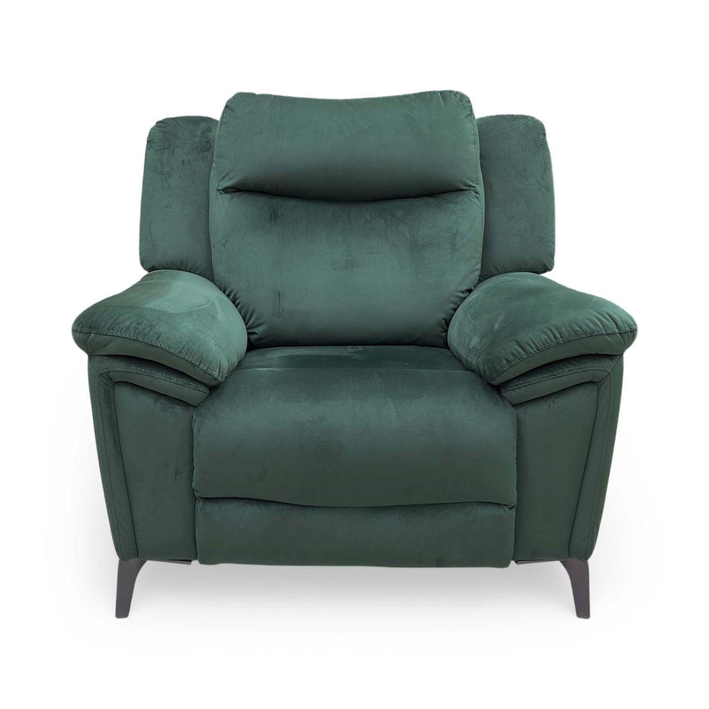 Front view of the ‘Panache’ Opulence bottle green velvet power recliner chair with power headrest.