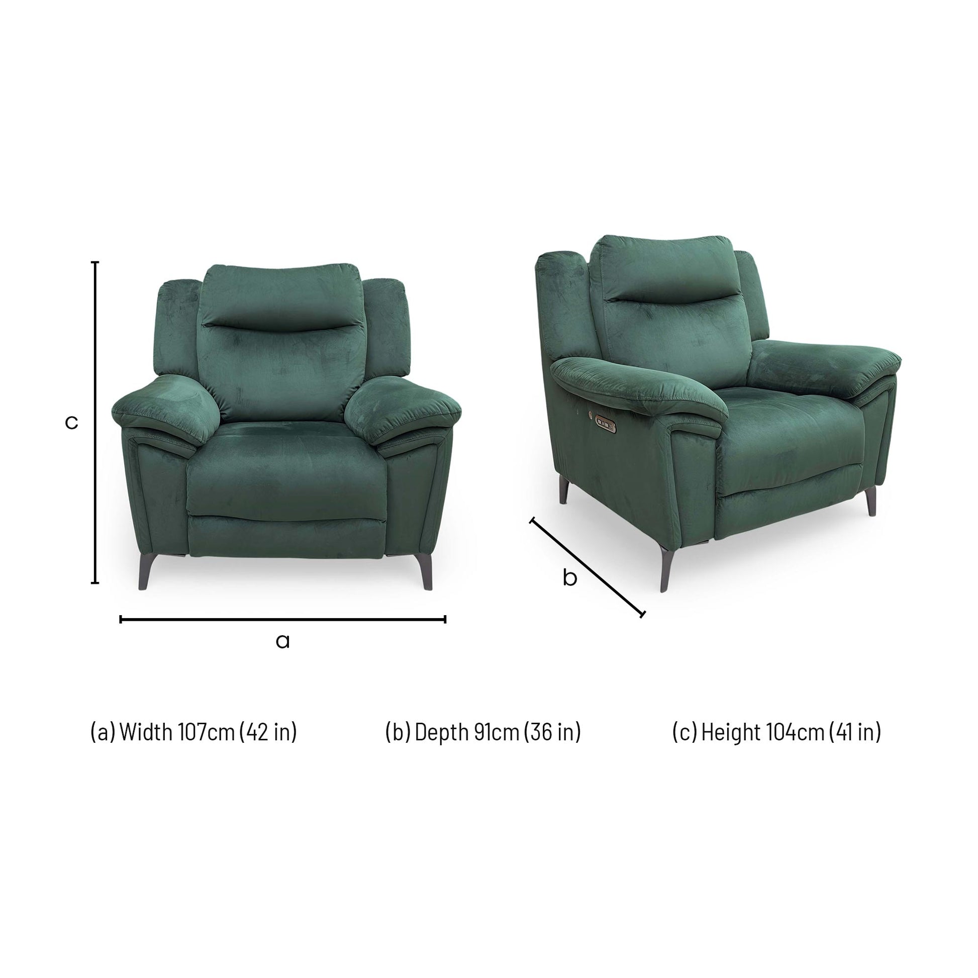 Dimensions for the ‘Panache’ Opulence Bottle Green Velvet Power Recliner Chair.