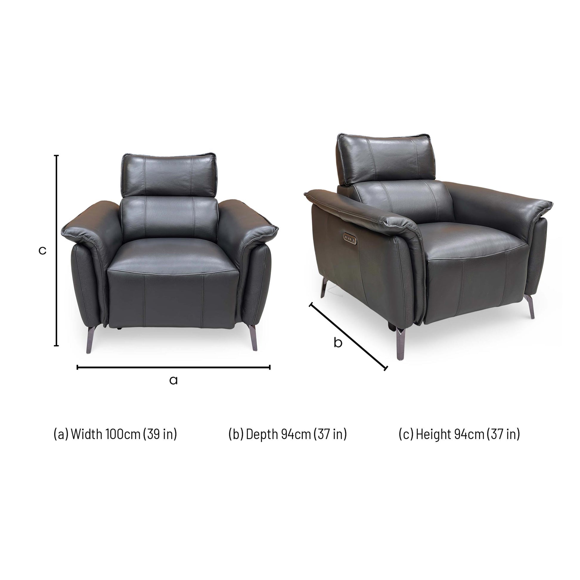 Dimensions for the Furniture Village ‘Jude’ Oslo Jet Black Leather Power Recliner Chair.