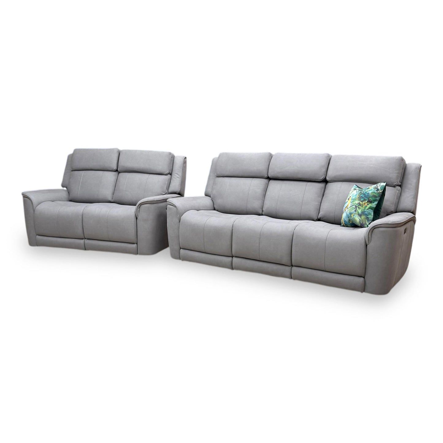 View of the 2-seater power recliner sofa, highlighting its compact 162cm width and the premium, soft-touch fabric finish.