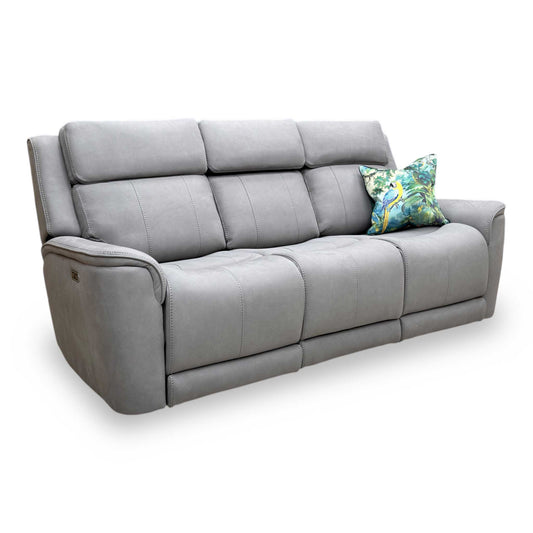 'Langford' Light Grey Fabric 3 Seater Power Recliner Sofa with Dropdown Cup Holder Tray, Reading Lights and Wireless Charging