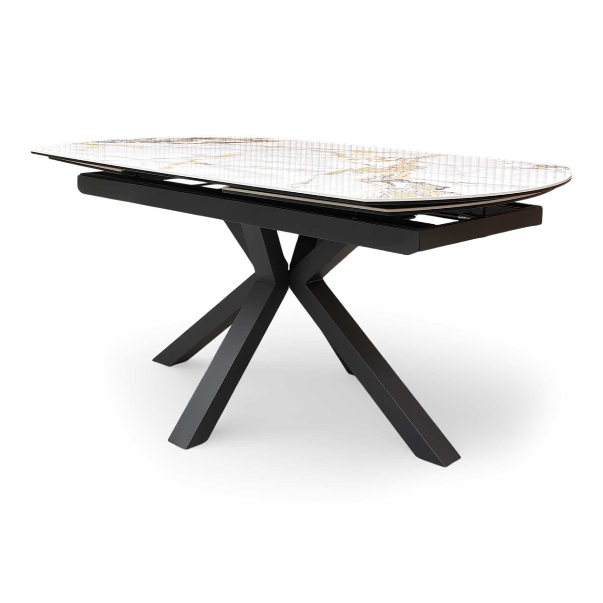 Side profile of the Doro dining table, emphasizing the sleek, slimline ceramic top and the sophisticated modern silhouette of the sculptural base.