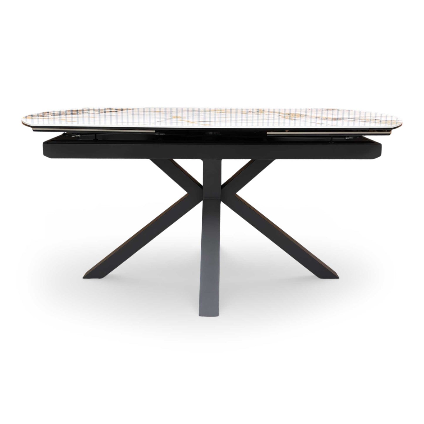 Front view of the ‘Doro’ 160cm extending dining table featuring a premium marble-effect ceramic top and a striking black architectural star-base.