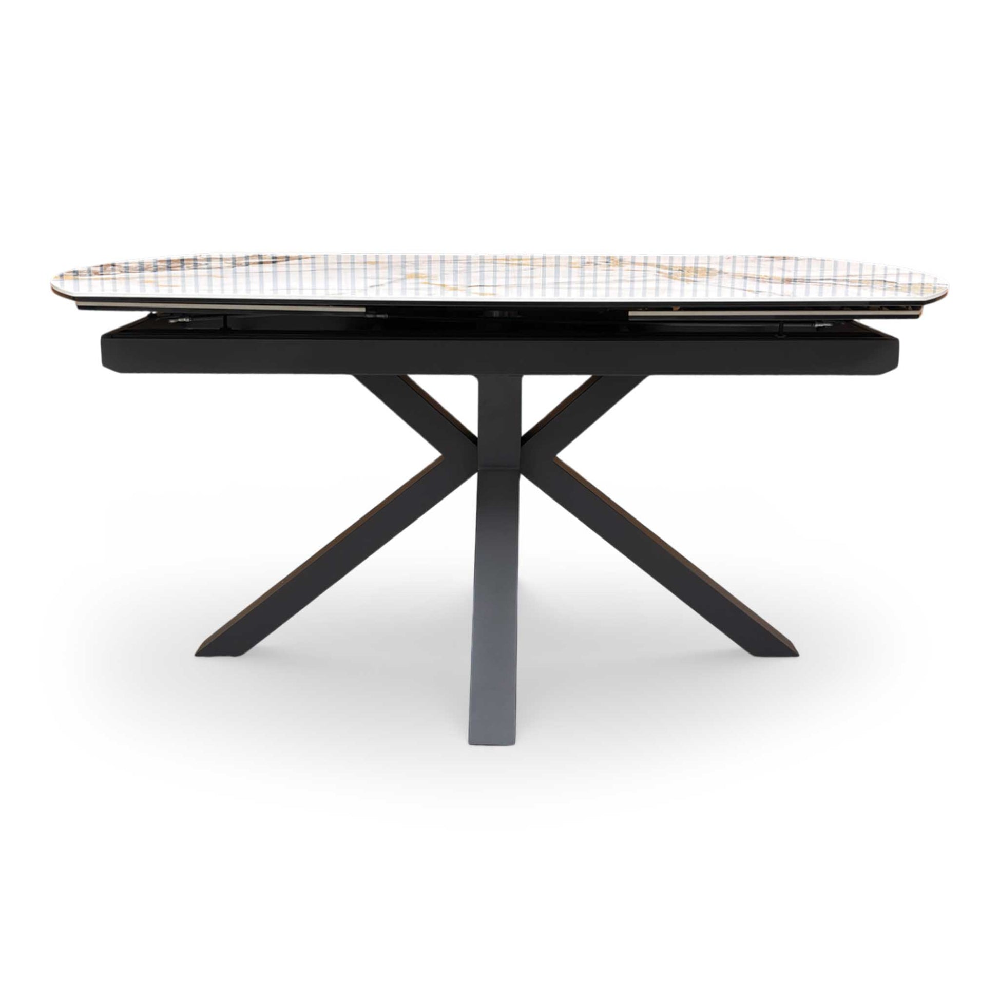 Front view of the ‘Doro’ 160cm extending dining table featuring a premium marble-effect ceramic top and a striking black architectural star-base.