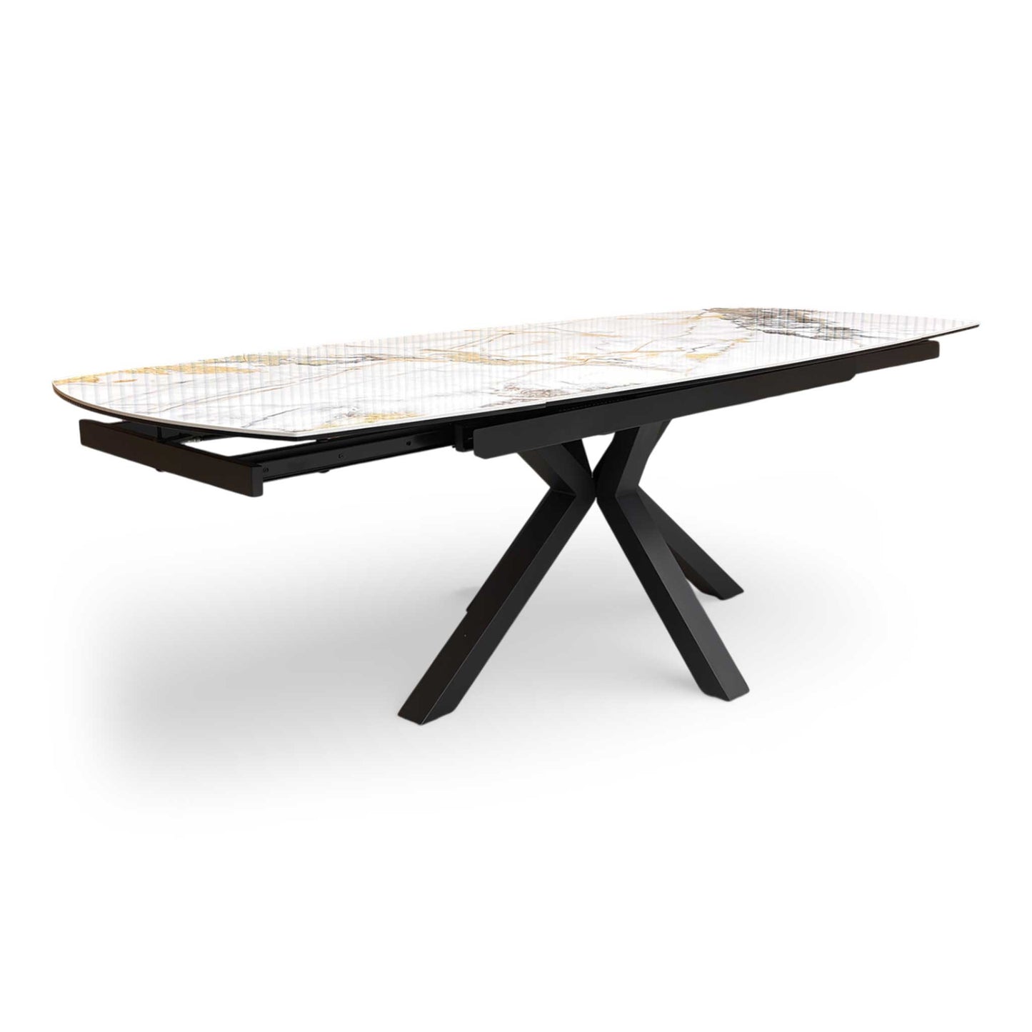 Full view The ‘Doro’ 160cm extending dining table featuring a premium marble-effect ceramic top and a striking black architectural star-base.