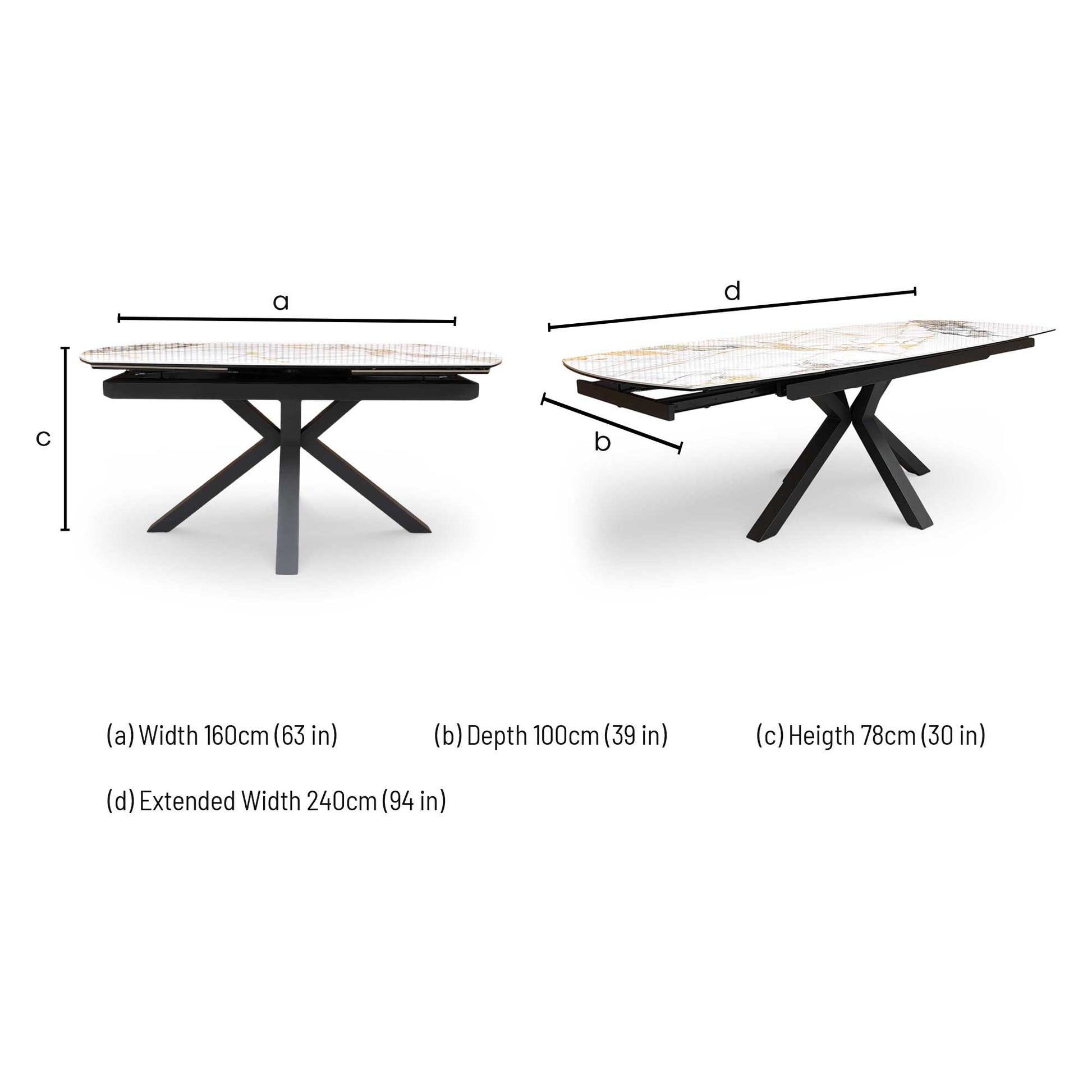 Dimensions for the ‘Raul’ Doro Marble Ceramic Top 160cm Swivel Extending Table.