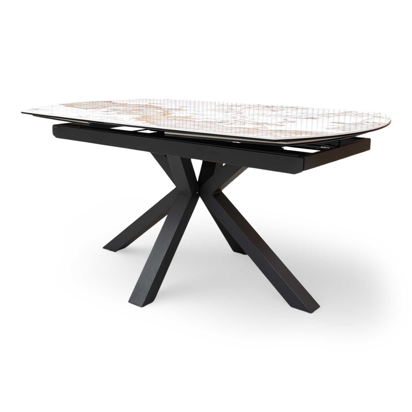 Side view of the Raul table showing the seamless marble pattern across the surface.